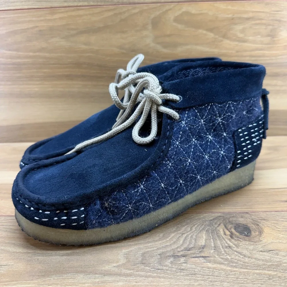 Clarks Wallabee Originals Sashiko Navy Mens 8 Blue Suede Wool Moc Toe Desert